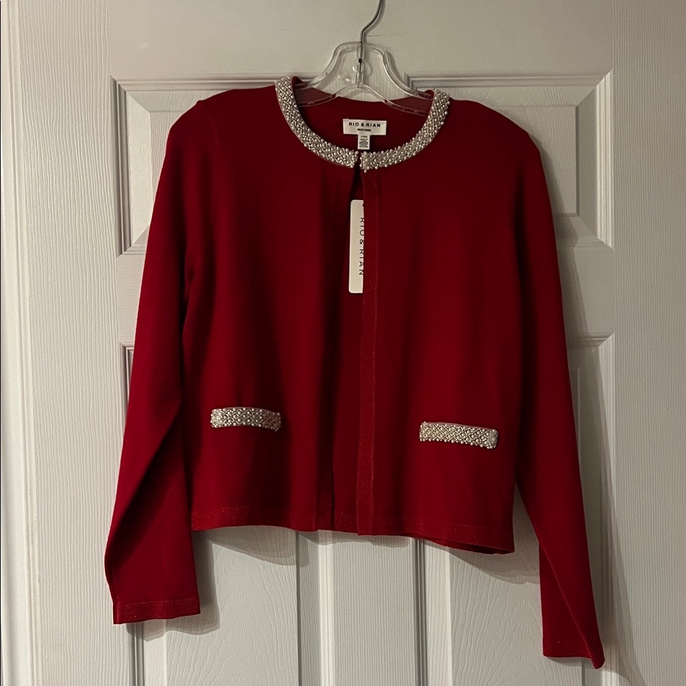 Rio & Rian Red Cardigan with Pearl Accents
